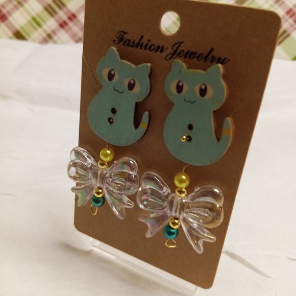 Home Made Handmade Wood & Metal Cat Green Button Earrings #45 - Picture 8 of 11